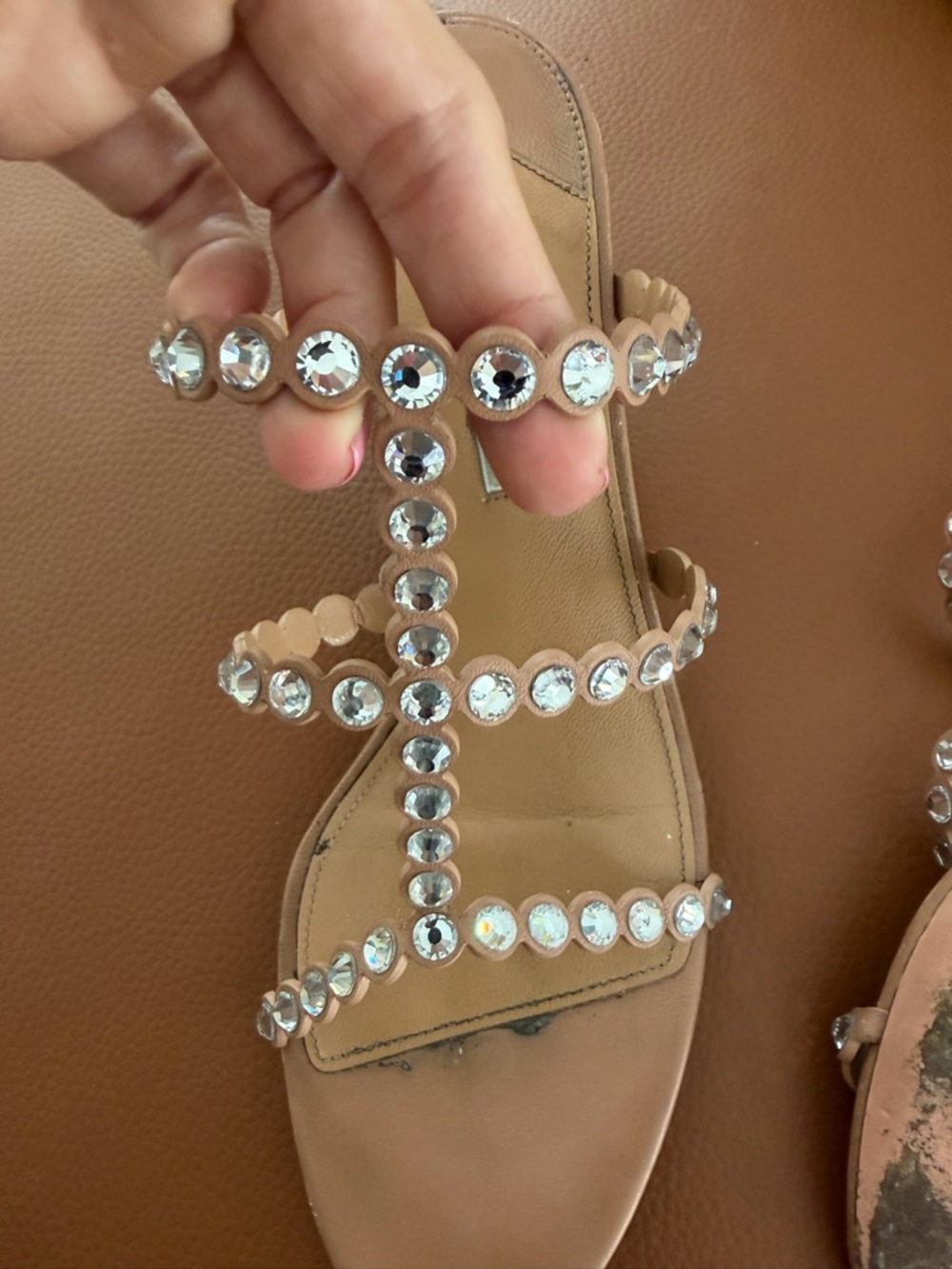 Aquazzura Tequila Crystal Embellished Leather Mules Nude Size 40 Block Heel - Picture 7 of 7